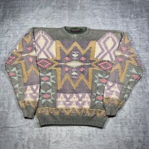 Britches Hand Knit Sweater Womens Large Green Geometric Aztec 90s Southwestern